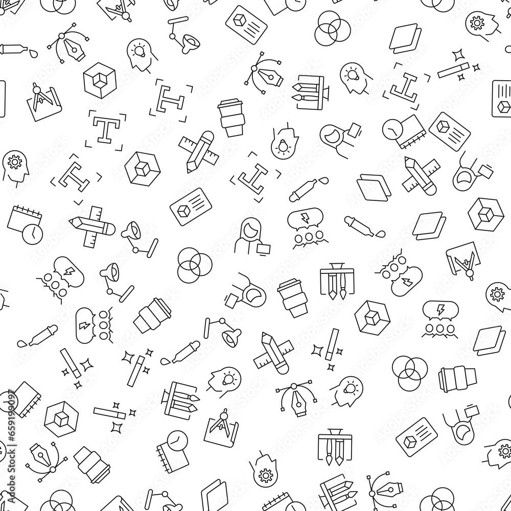 T letter, Cube, Supplies, Card, Coffee Cup Seamless Pattern for printing, wrapping, design, sites, shops, apps