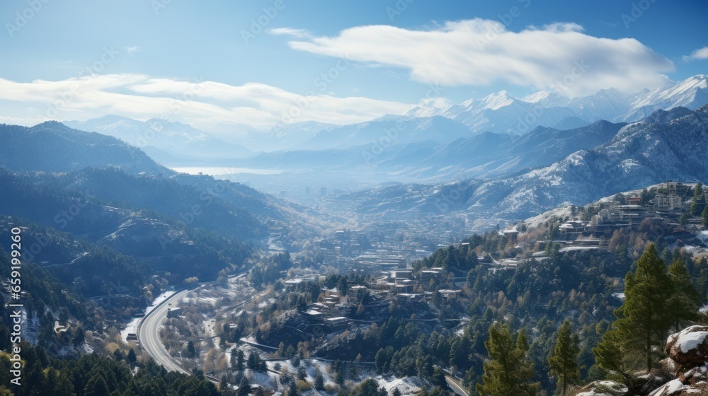 A mountain citys cape with rooftops covered in fresh.UHD wallpaper