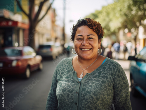 Señora latina, mexicana, madura, con cabello corto, sonriendo, en una calle de la ciudad.