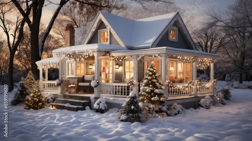 Cute and cozy cottage with Christmas decorations. Generative AI