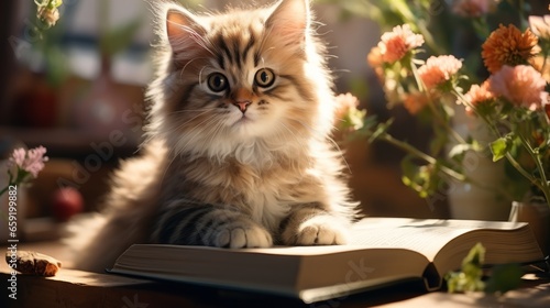 Cute Cartoon Cat Reading a Book with Space for Copy. Generative AI