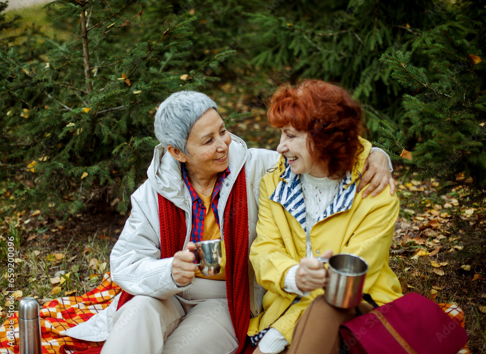 Two elderly women friends walk in the forest, pour coffee from a thermos, have a great time together