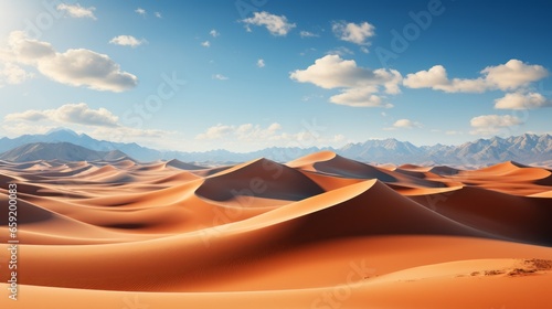 Desert landscape with sand dunes and mountains capturi. Generative AI
