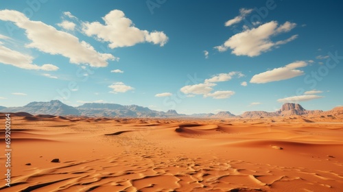 Desert landscape with sand dunes and mountains capturi. Generative AI