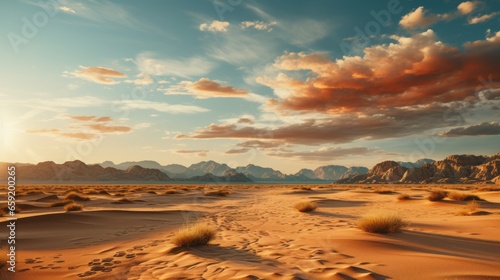 Desert landscape with sand dunes and mountains capturi. Generative AI © ProVector