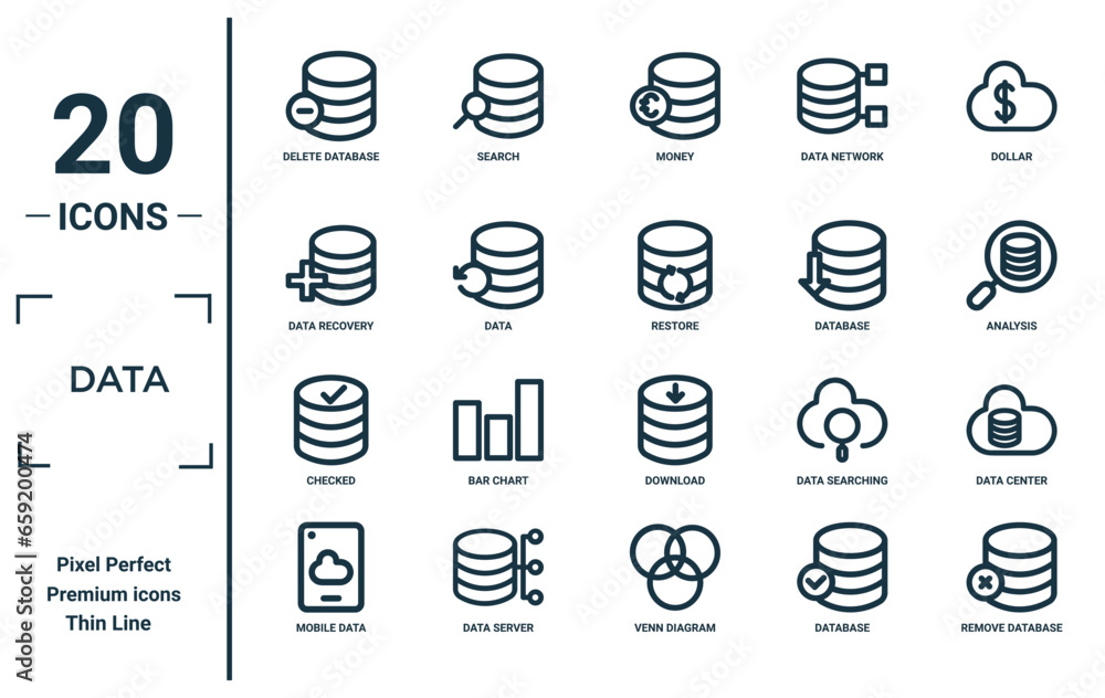 data linear icon set. includes thin line delete database, data recovery ...