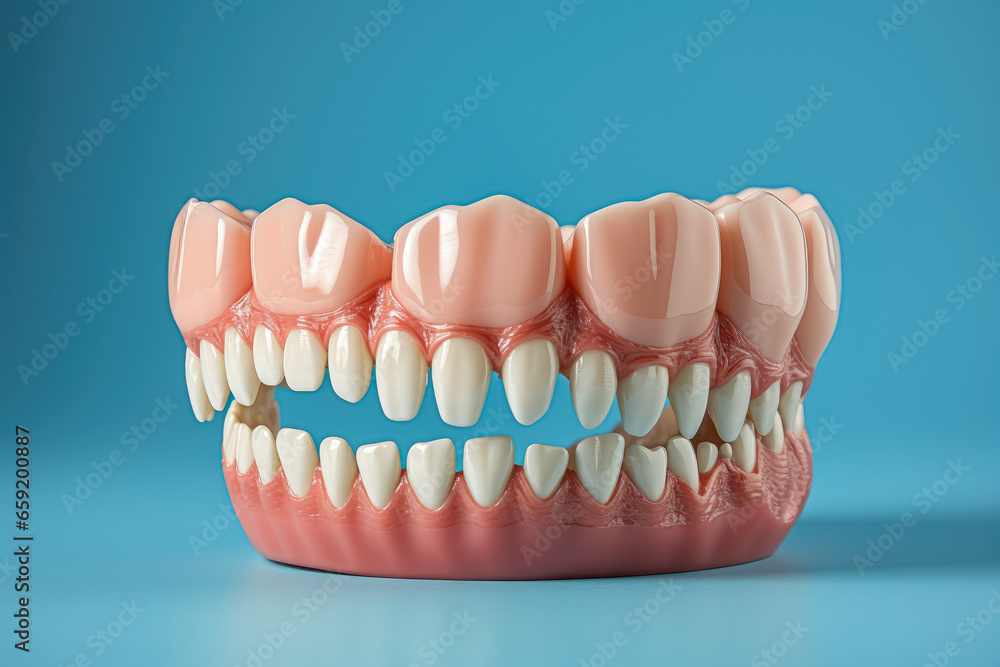 Obraz premium A hand holding a model depicting teeth, gums, and a jaw against a blue background with ample space for text. Generative Ai.