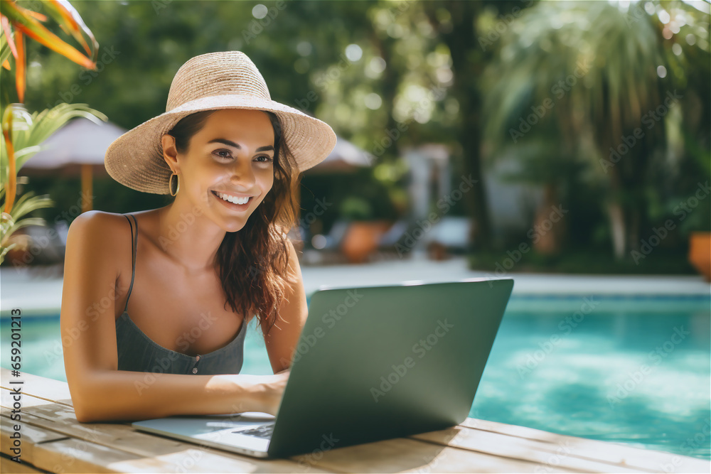 Fototapeta premium Attractive woman wearing sunglasses straw hat working on her laptop next to the swimming pool. Happy female freelancer using her laptop.