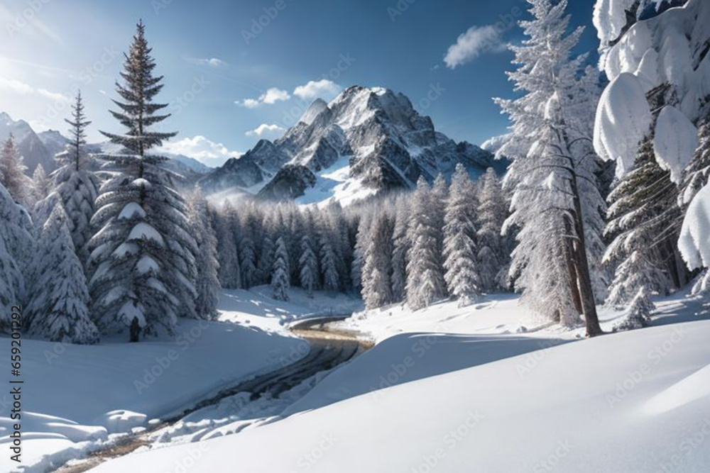 landscape of forest, mountains, winter with sun rays landscape of forest, mountains, winter with sun rays