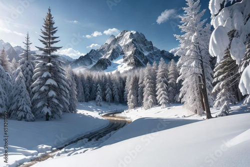 landscape of forest, mountains, winter with sun rays © Denis