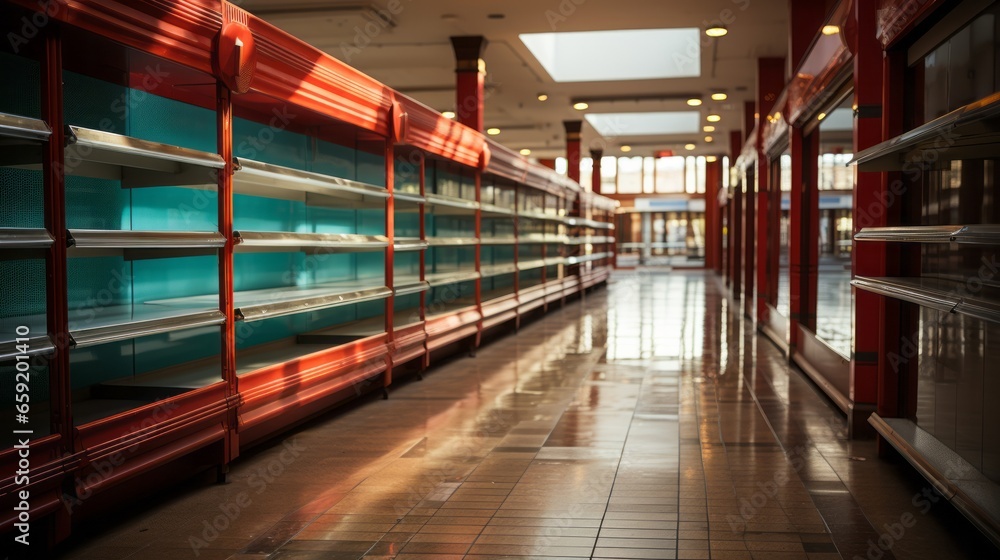 Empty grocery shelves in a supermarket. Generative AI - obrazy, fototapety, plakaty 