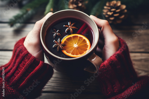 Woman in a warm sweater is holding in her hands a cup of aromatic hot mulled wine photo
