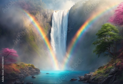 Magical fantasy waterfall with rainbow