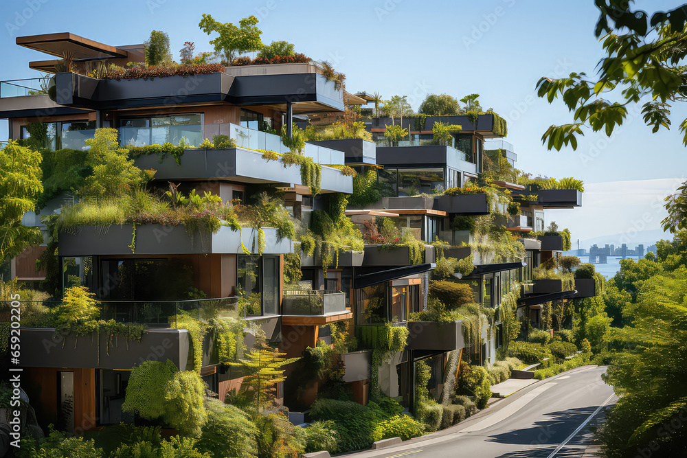 Innovative architecture blending nature and modern design, harmonizing urban structures with the environment. Generative Ai.