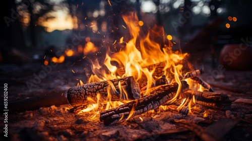 Fire burning in a campfire providing warmth. Generative AI