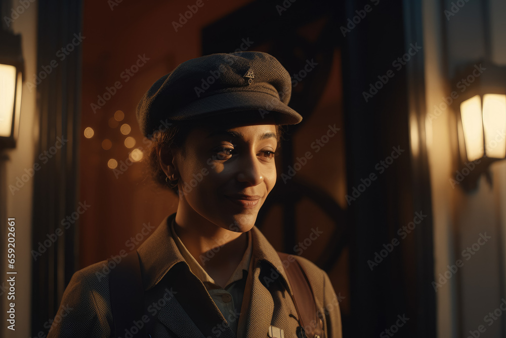 A friendly courier with a big smile is holding several packages, ready to deliver them safely and efficiently to their recipients. Generative AI, AI.