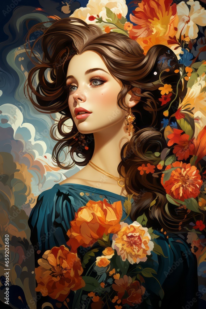 Cartoon art portrait of a cute girl with flowers Cartoon art portrait of a cute girl with flowers
