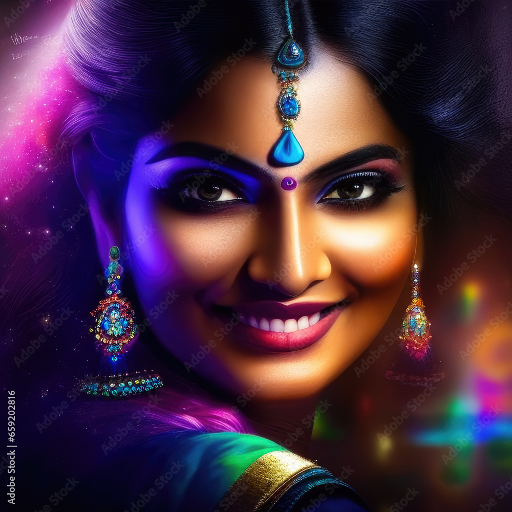 A portrait of a stunning Indian girl with a vibrant and colorful background. The girl is smiling at the camera with a joyful expression. . Generative AI, AI. A portrait of a stunning Indian girl with a vibrant and colorful background. The girl is smiling at the camera with a joyful expression. . Generative AI, AI.