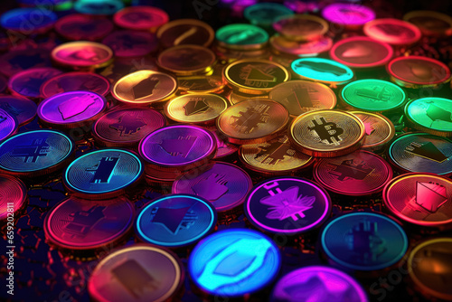 Cryptocurrencies in colorful lighting. Cryptocurrency investment concept, problems with various investments. Generative Ai, Ai. photo
