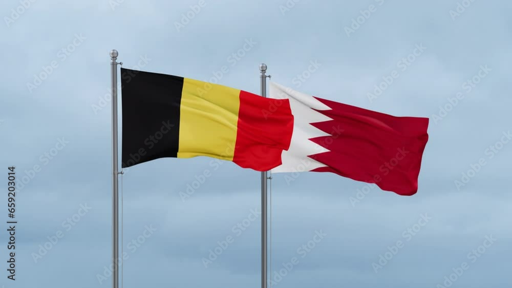 Bahrain flag and Belgium flag waving together on cloudy sky, endless seamless loop, two country relations concept Bahrain flag and Belgium flag waving together on cloudy sky, endless seamless loop, two country relations concept