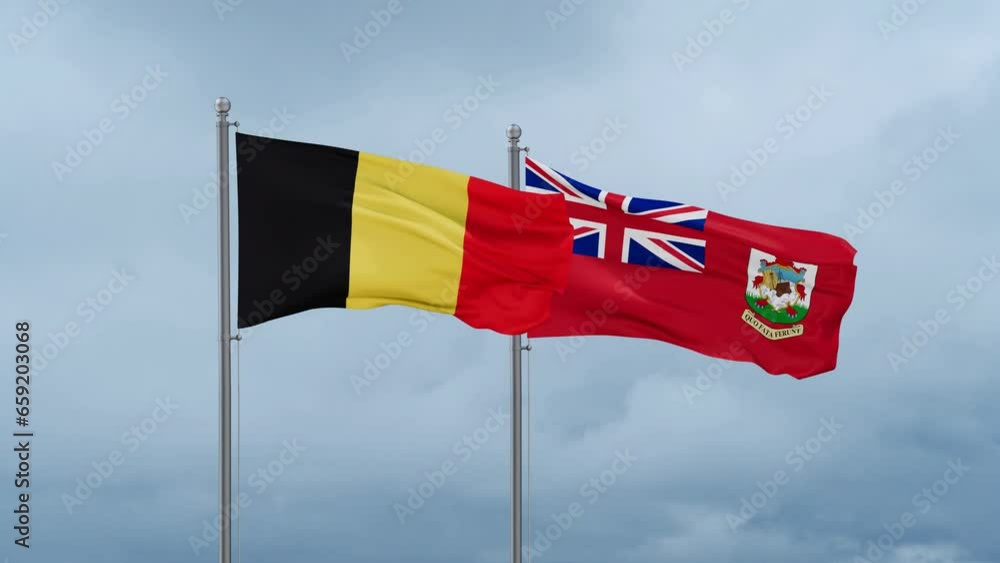Belgium flag and Bermuda or Somers Isles flag waving together on cloudy sky, endless seamless loop Belgium flag and Bermuda or Somers Isles flag waving together on cloudy sky, endless seamless loop
