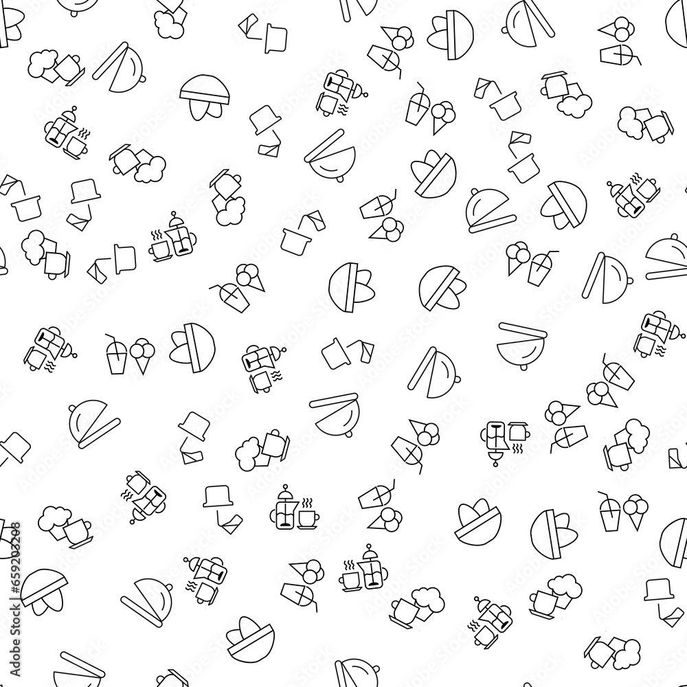 Fototapeta premium Egg, Tea, Soft Drink, Bowl with Cloche Seamless Pattern for printing, wrapping, design, sites, shops, apps