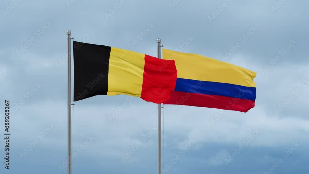 Colombia and Belgium flag waving together on cloudy sky, endless seamless loop, two country cooperation concept Colombia and Belgium flag waving together on cloudy sky, endless seamless loop, two country cooperation concept