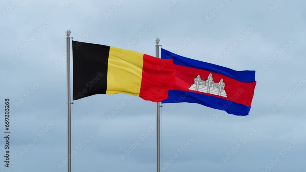 Cambodia flag and Belgium flag waving together on cloudy sky, endless seamless loop, two country relations concept Cambodia flag and Belgium flag waving together on cloudy sky, endless seamless loop, two country relations concept