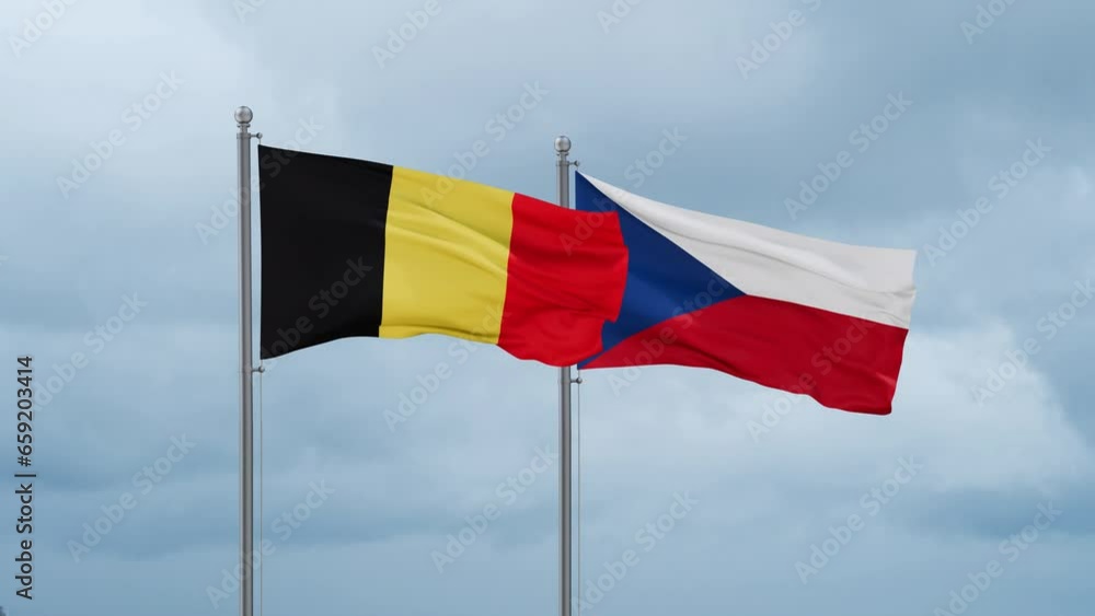 Czech Republic flag and Belgium flag waving together on cloudy sky, endless seamless loop, two country relations concept Czech Republic flag and Belgium flag waving together on cloudy sky, endless seamless loop, two country relations concept