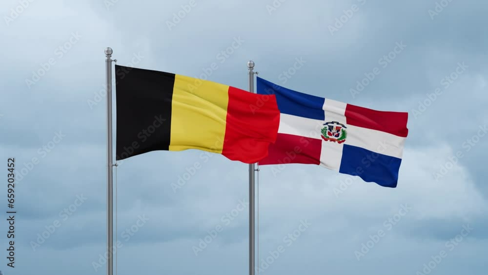 Dominican Republic flag and Belgium flag waving together on cloudy sky, endless seamless loop, two country relations concept Dominican Republic flag and Belgium flag waving together on cloudy sky, endless seamless loop, two country relations concept