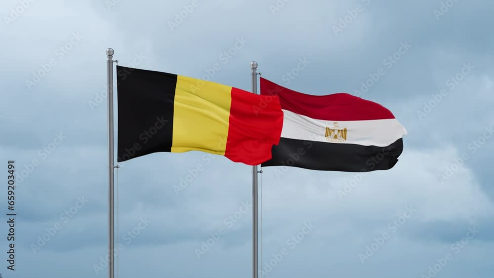 Egypt flag and Belgium flag waving together on cloudy sky, endless seamless loop, two country relations concept Egypt flag and Belgium flag waving together on cloudy sky, endless seamless loop, two country relations concept
