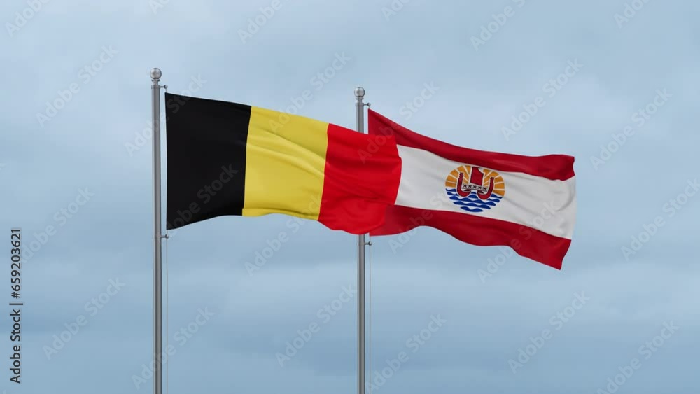 French Polynesia flag and Belgium flag waving together on cloudy sky, endless seamless loop, two country relations concept French Polynesia flag and Belgium flag waving together on cloudy sky, endless seamless loop, two country relations concept