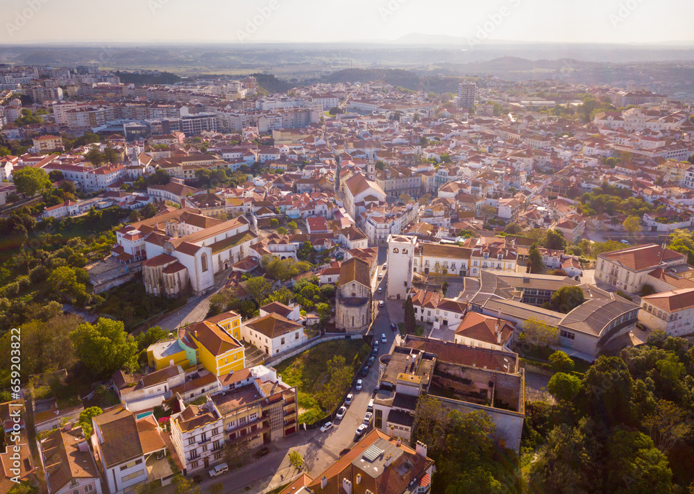 Aerial view of narrow streets and stone houses of Santarem, Portugal