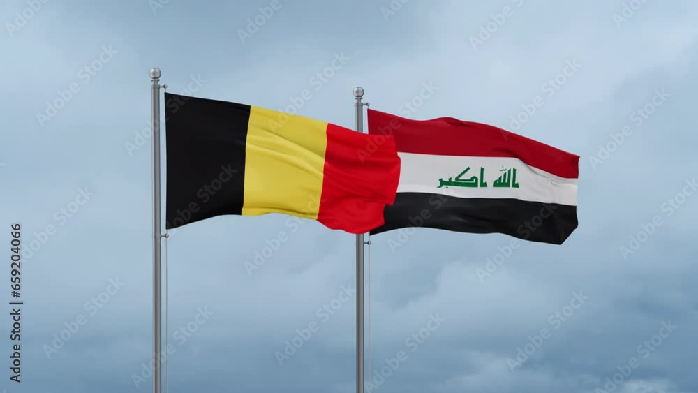 Iraq flag and Belgium flag waving together on blue sky, looped video Iraq flag and Belgium flag waving together on blue sky, looped video