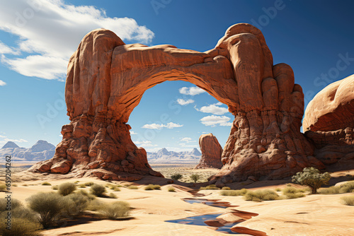 A surreal desert landscape adorned with colossal, gravity-defying stone arches, defying the laws of nature. Concept of geological wonder. Generative Ai.
