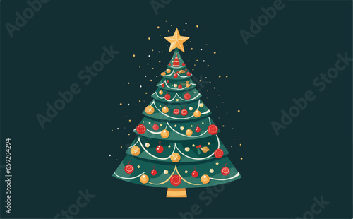 Christmas Tree Greeting Card Concept Artwork. Abstract Christmas Tree Shape Decorated With Festive Symbols. Fully Editable Christmas Illustration.
