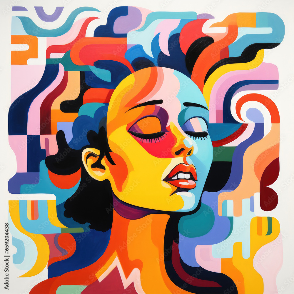 The human experience - full color gouache illustration in bold abstract colours - female face in anguish or thought, mindfulness, meditation, mental state, intellegence