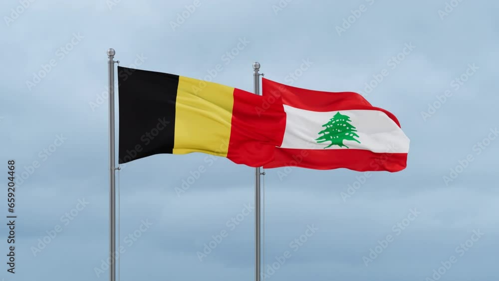 Lebanon flag and Belgium flag waving together on cloudy sky, endless seamless loop, two country relations concept Lebanon flag and Belgium flag waving together on cloudy sky, endless seamless loop, two country relations concept