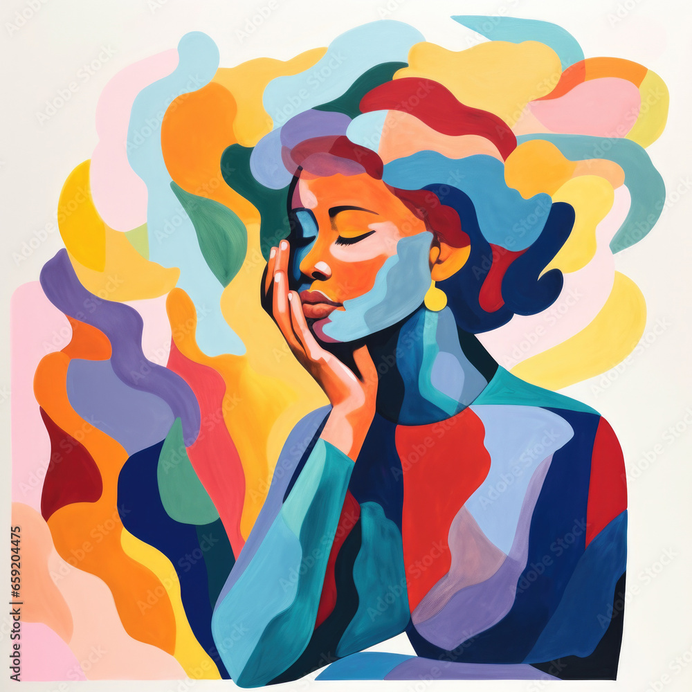 The human experience - full color gouache illustration in bold abstract colours - female face in anguish or thought, mindfulness, meditation, mental state, intellegence
