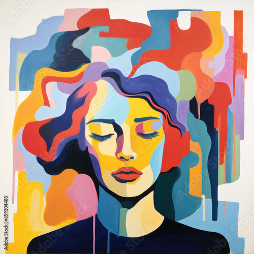 The human experience - full color gouache illustration in bold abstract colours - female face in anguish or thought  mindfulness  meditation  mental state  intellegence