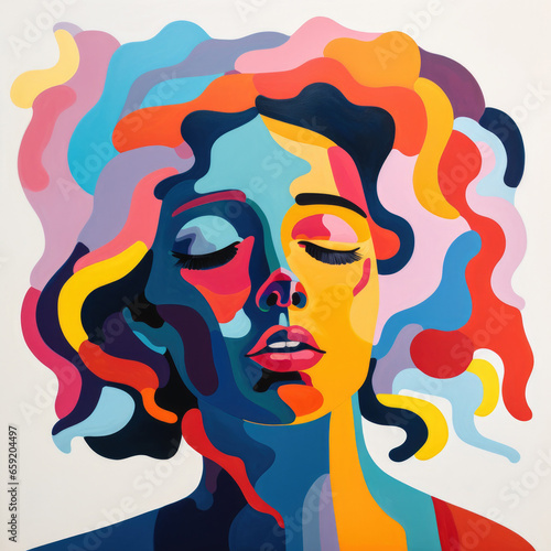 The human experience - full color gouache illustration in bold abstract colours - female face in anguish or thought  mindfulness  meditation  mental state  intellegence