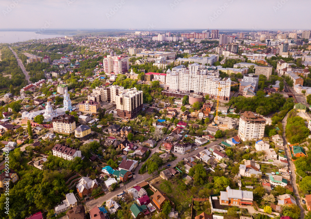 Aerial view of modern Voronezh cityscape on banks of Voronezh river, Russia..