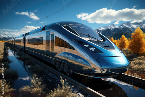 A high-speed electric train hurtling down tracks, offering efficient and rapid transportation. Concept of high-speed rail. Generative Ai.