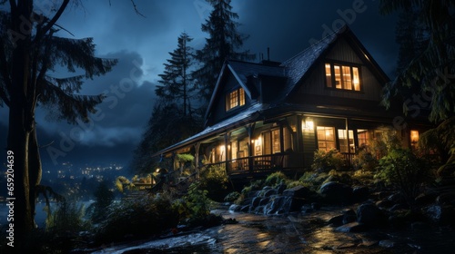House illuminated by moonlight evoking a serene. Generative AI