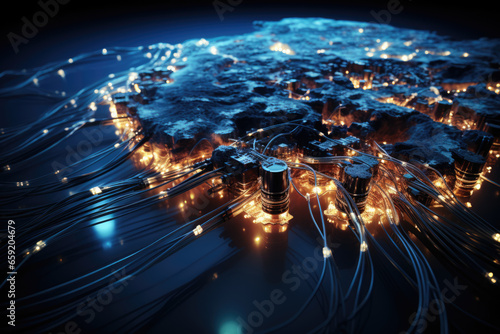 A global network of underwater electrical cables connecting continents, enabling international data exchange. Concept of submarine telecommunications. Generative Ai. photo