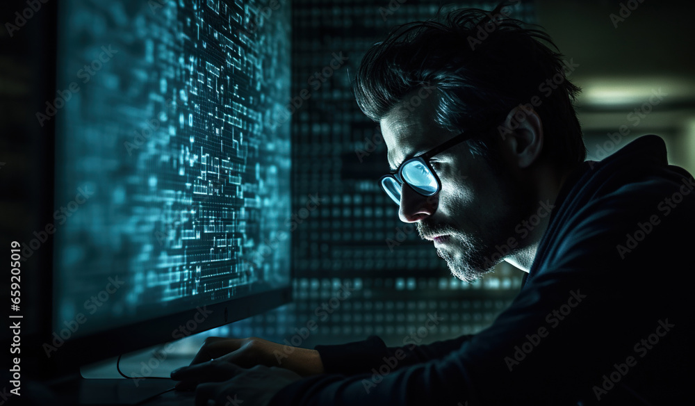 portrait of a men coding on pc. digital transformation.
portrait of a men coding on pc. digital transformation.