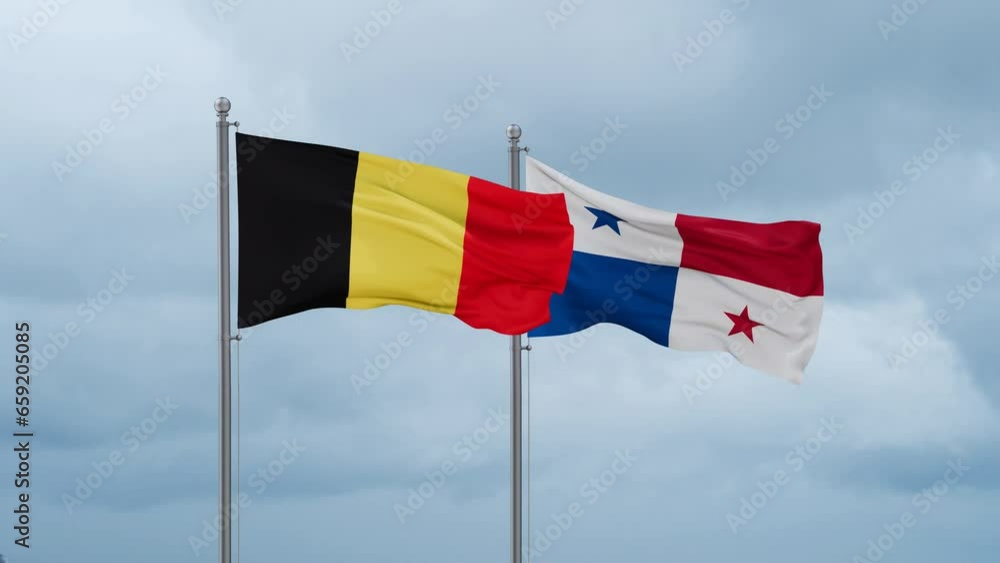 Panama flag and Belgium flag waving together on cloudy sky, endless seamless loop, two country relations concept Panama flag and Belgium flag waving together on cloudy sky, endless seamless loop, two country relations concept