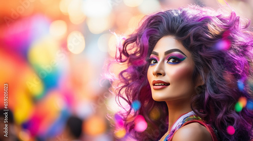 Beautiful drag queen on background with bokeh 
