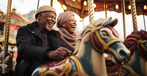 Cute mature black couple enjoy life, carousel on the background of lights photo