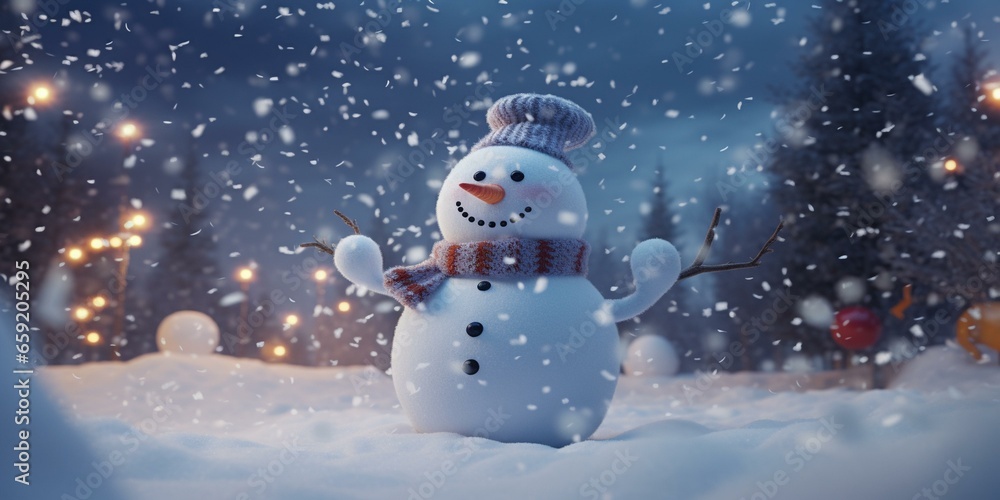 Fototapeta premium CHRISTMAS SNOWY WINTER SNOWMAN SNOWFLAKES FALLING BACKGROUND CINEMATIC